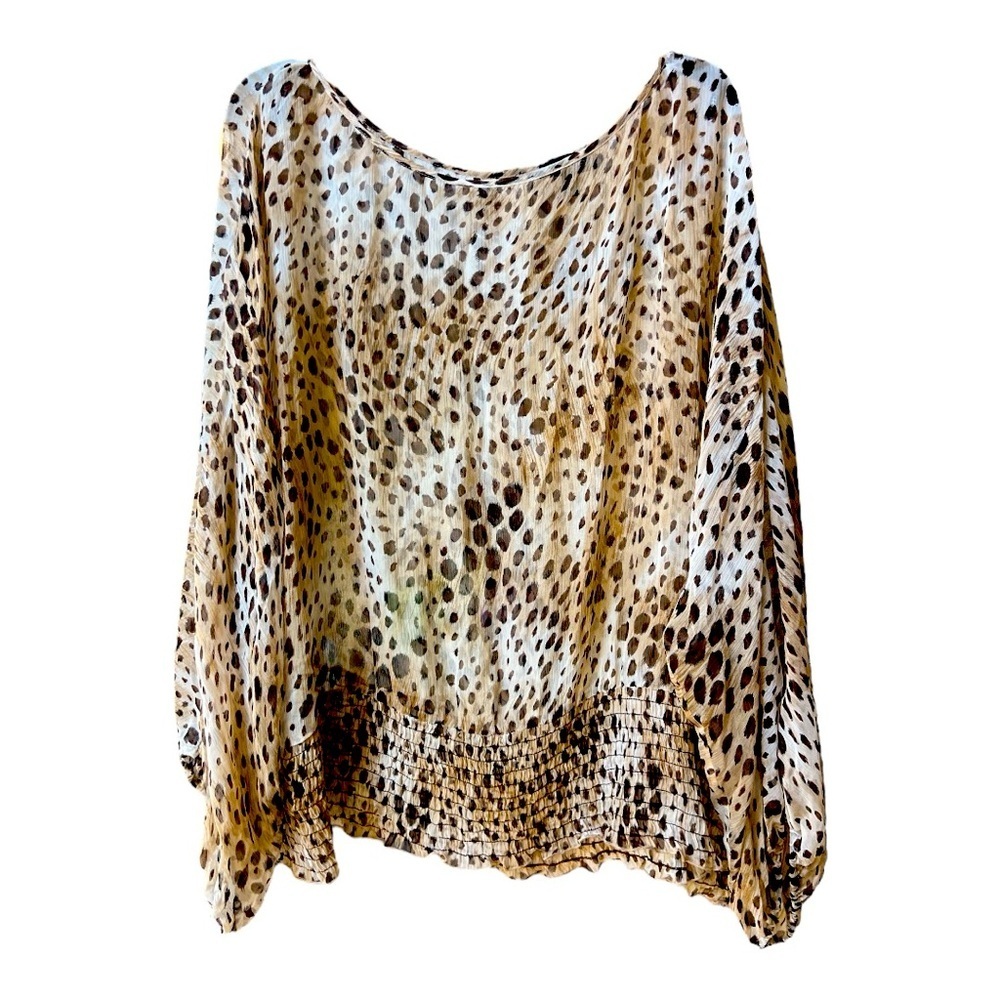 Bebe Y2K Sheer indie Sleeve Cheetah Print Brown & Tan Scoop Neck Blouse SZ XXL